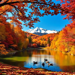 A vibrant autumn landscape featuring a majestic forest filled with colorful fall foliage, where hues of red, orange, and yellow create a warm and inviting atmosphere