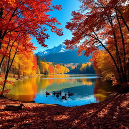 A vibrant autumn landscape featuring a majestic forest filled with colorful fall foliage, where hues of red, orange, and yellow create a warm and inviting atmosphere