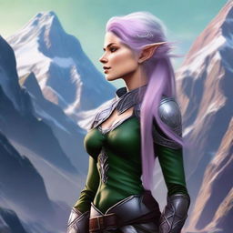 A high-quality digital art image depicting a rogue female mountain elf with a unique blend of silver and rose-colored hair