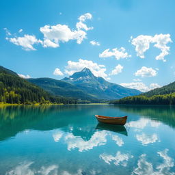 A serene landscape featuring a tranquil mountain reflection in a crystal clear lake, surrounded by lush green forests and a bright blue sky with fluffy white clouds