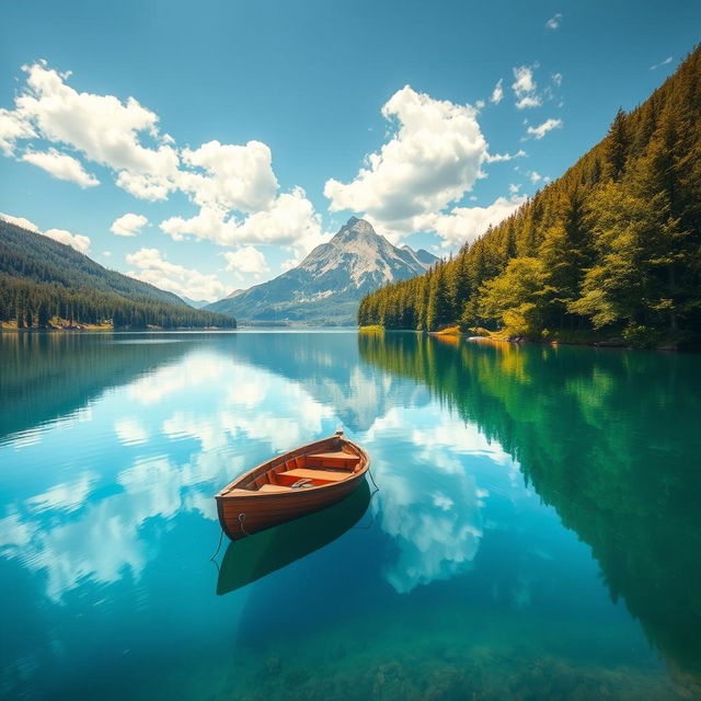 A serene landscape featuring a tranquil mountain reflection in a crystal clear lake, surrounded by lush green forests and a bright blue sky with fluffy white clouds