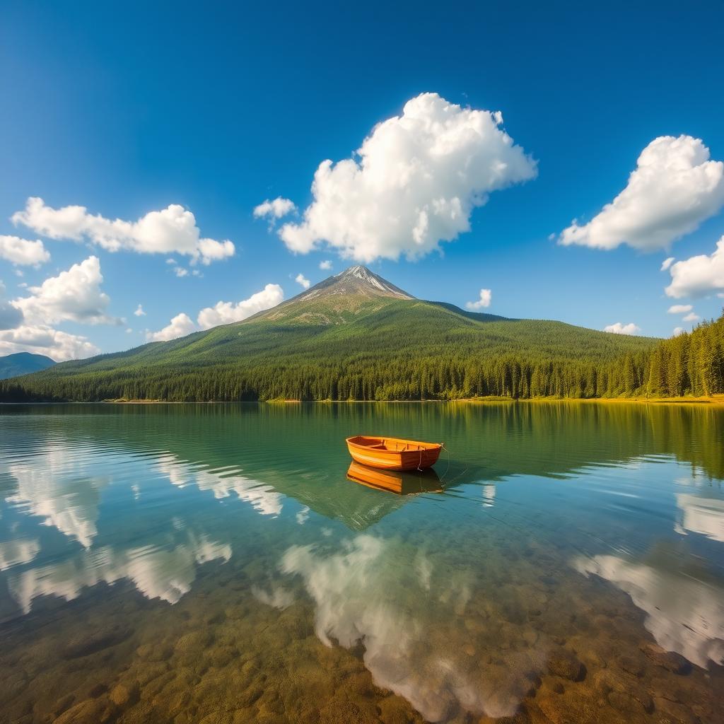 A serene landscape featuring a tranquil mountain reflection in a crystal clear lake, surrounded by lush green forests and a bright blue sky with fluffy white clouds