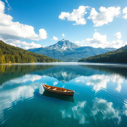 A serene landscape featuring a tranquil mountain reflection in a crystal clear lake, surrounded by lush green forests and a bright blue sky with fluffy white clouds