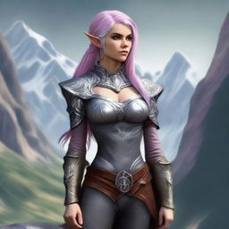 A high-quality digital art image depicting a rogue female mountain elf with a unique blend of silver and rose-colored hair