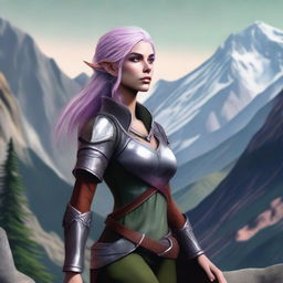 A high-quality digital art image depicting a rogue female mountain elf with a unique blend of silver and rose-colored hair