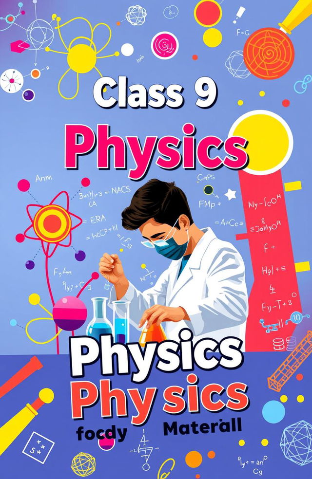 A vibrant and engaging book cover design for a Class 9 Science study material book, focusing on Physics