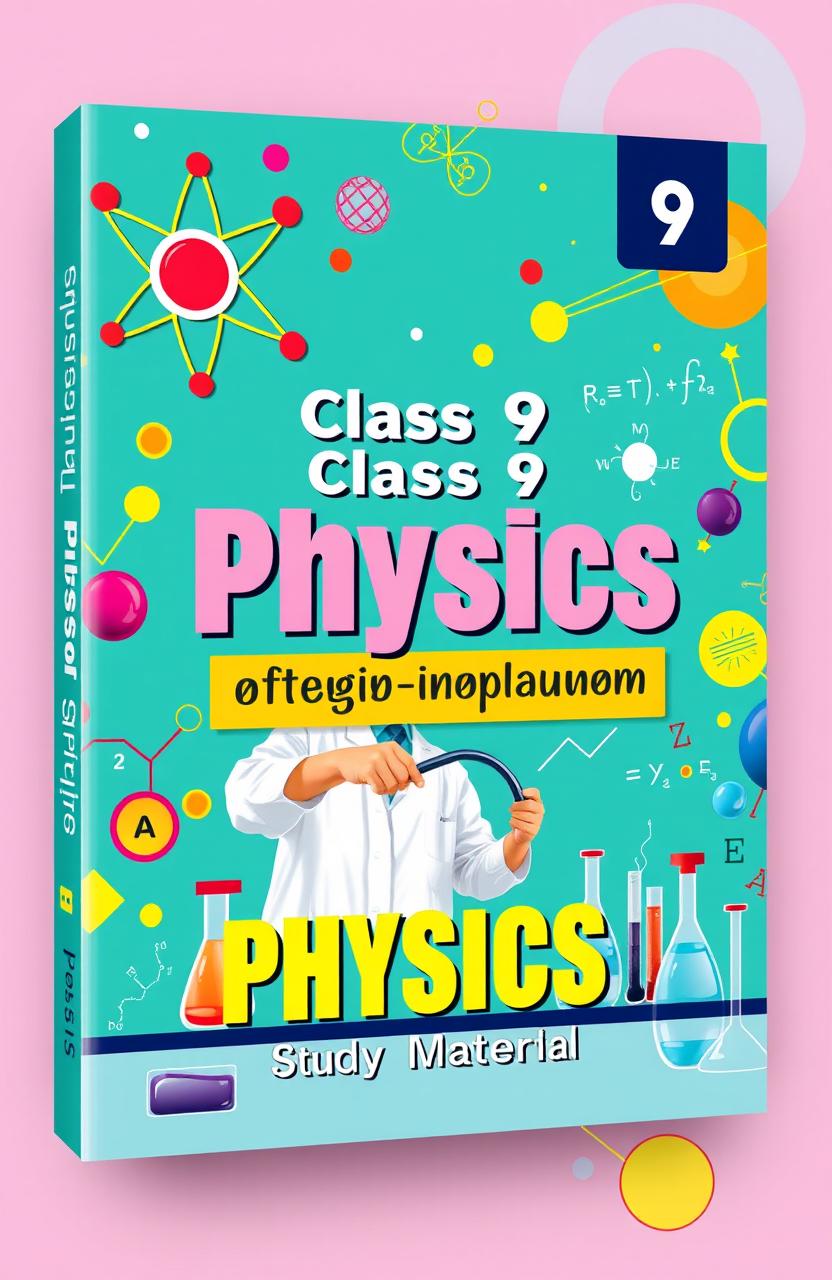 A vibrant and engaging book cover design for a Class 9 Science study material book, focusing on Physics