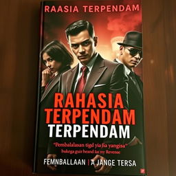A captivating book cover featuring three individuals in a mafia-themed setting, with the title "Rahasia Terpendam: Pembalasan Tiga Mafia yang Tersisa" prominently displayed