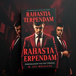 A captivating book cover featuring three individuals in a mafia-themed setting, with the title "Rahasia Terpendam: Pembalasan Tiga Mafia yang Tersisa" prominently displayed