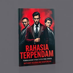 A captivating book cover featuring three individuals in a mafia-themed setting, with the title "Rahasia Terpendam: Pembalasan Tiga Mafia yang Tersisa" prominently displayed