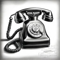 A black and white pencil sketch of a vintage wall-mounted telephone