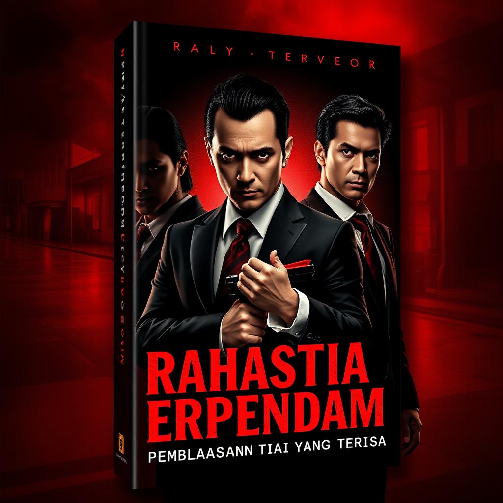 A captivating book cover featuring three individuals in a mafia-themed setting, with the title "Rahasia Terpendam: Pembalasan Tiga Mafia yang Tersisa" prominently displayed