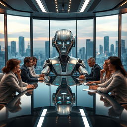 A futuristic boardroom featuring a sleek, intelligent machine as the executive leader