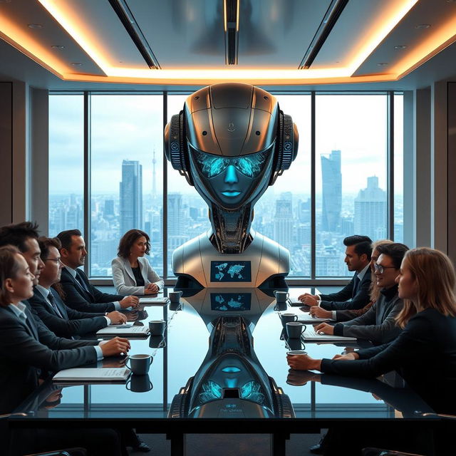 A futuristic boardroom featuring a sleek, intelligent machine as the executive leader