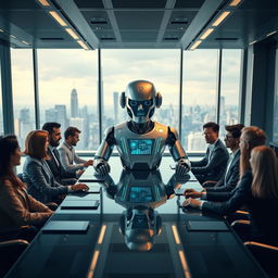 A futuristic boardroom featuring a sleek, intelligent machine as the executive leader