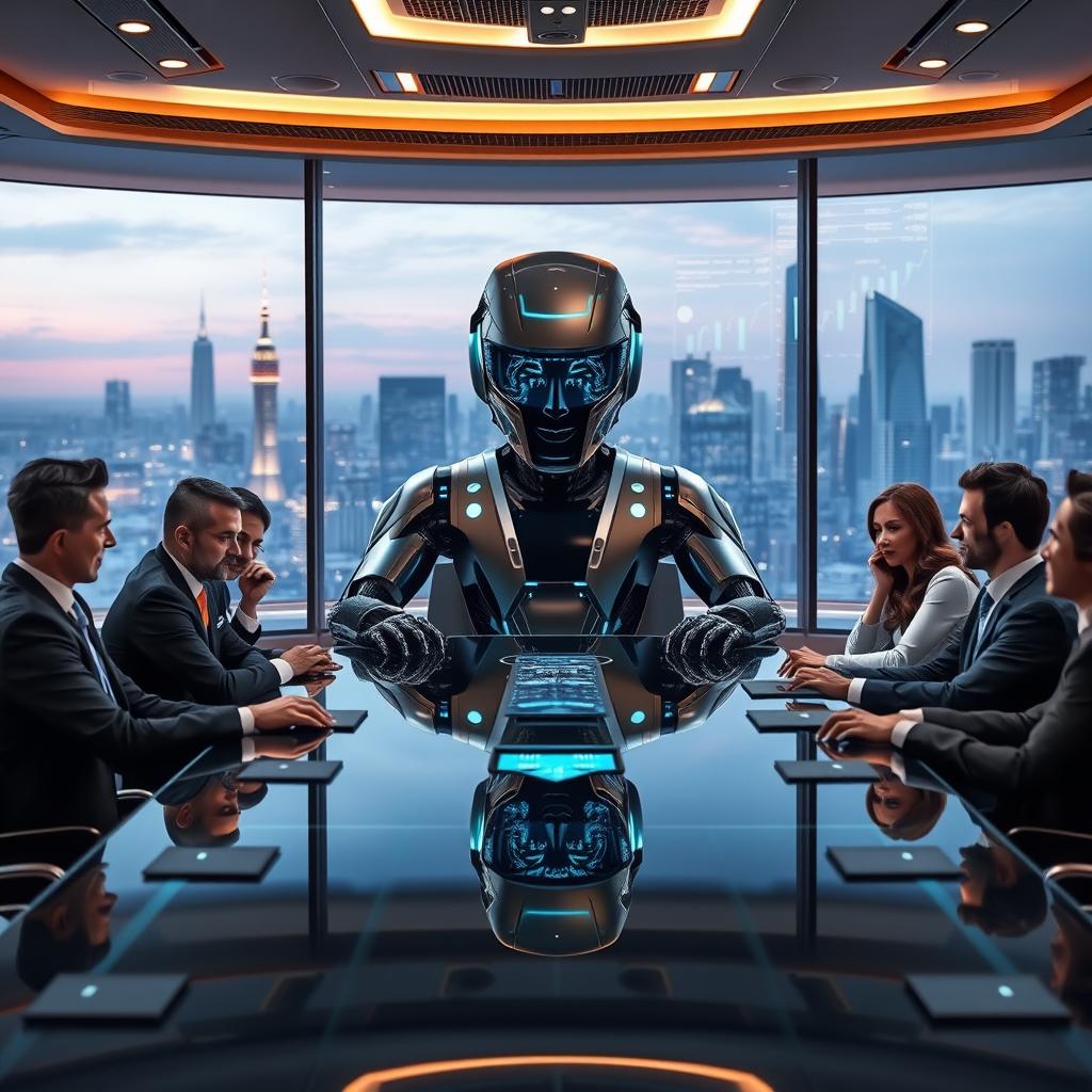 A futuristic boardroom featuring a sleek, intelligent machine as the executive leader