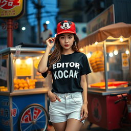 A beautiful Korean woman posing elegantly and attractively, wearing a black t-shirt with the text 'EDITOR KOCAK', paired with white short jeans