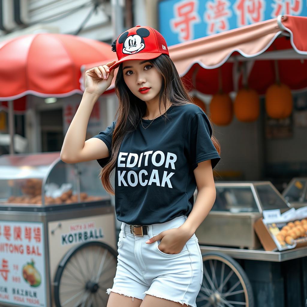A beautiful Korean woman posing elegantly and attractively, wearing a black t-shirt with the text 'EDITOR KOCAK', paired with white short jeans