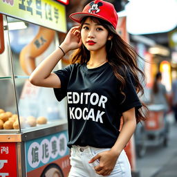 A beautiful Korean woman posing elegantly and attractively, wearing a black t-shirt with the text 'EDITOR KOCAK', paired with white short jeans