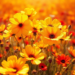 A beautiful field of flowers painted predominantly in golden hues, with vibrant red elements scattered throughout the scene
