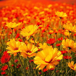 A beautiful field of flowers painted predominantly in golden hues, with vibrant red elements scattered throughout the scene