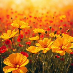 A beautiful field of flowers painted predominantly in golden hues, with vibrant red elements scattered throughout the scene