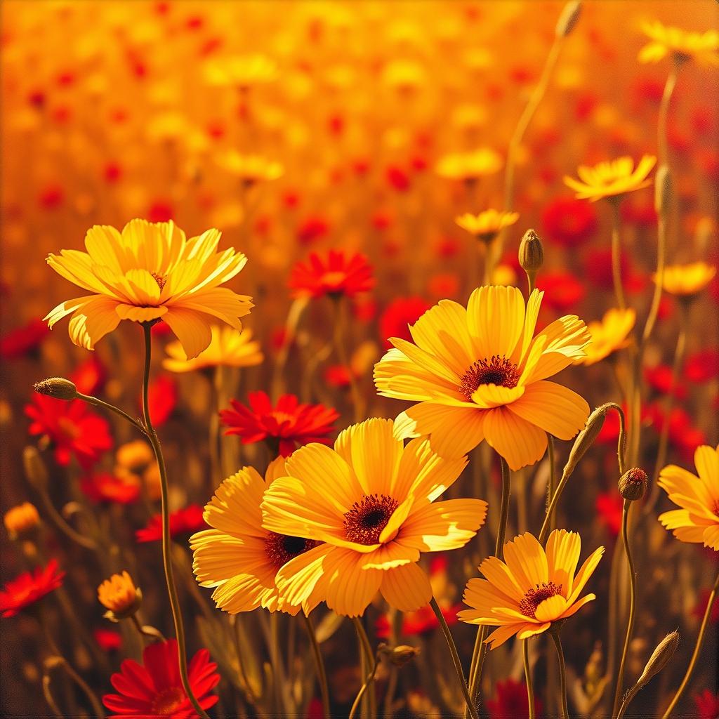 A beautiful field of flowers painted predominantly in golden hues, with vibrant red elements scattered throughout the scene