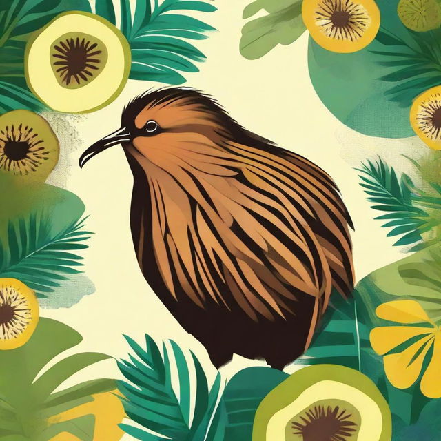 A digital art image showcasing a Kiwi, the national bird of New Zealand, in a vibrant and lively style