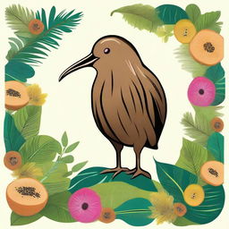 A digital art image showcasing a Kiwi, the national bird of New Zealand, in a vibrant and lively style