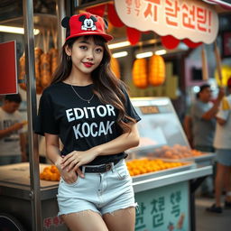 A beautiful Korean woman posing elegantly and attractively, wearing a black t-shirt with the text 'EDITOR KOCAK', short white denim shorts, and long hair styled under a red hip-hop hat featuring a Mickey Mouse design