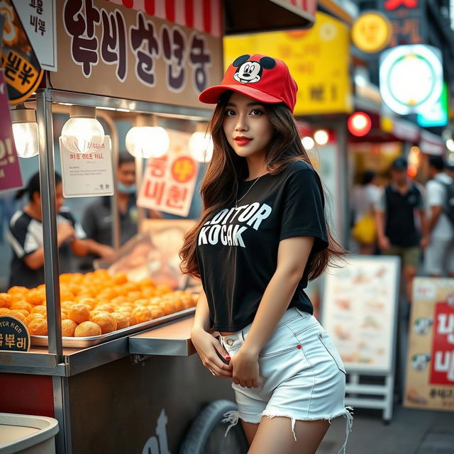 A beautiful Korean woman posing elegantly and attractively, wearing a black t-shirt with the text 'EDITOR KOCAK', short white denim shorts, and long hair styled under a red hip-hop hat featuring a Mickey Mouse design