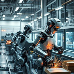 A futuristic scene showcasing advanced robots engaged in industrial work within a modern factory
