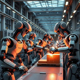 A futuristic scene showcasing advanced robots engaged in industrial work within a modern factory