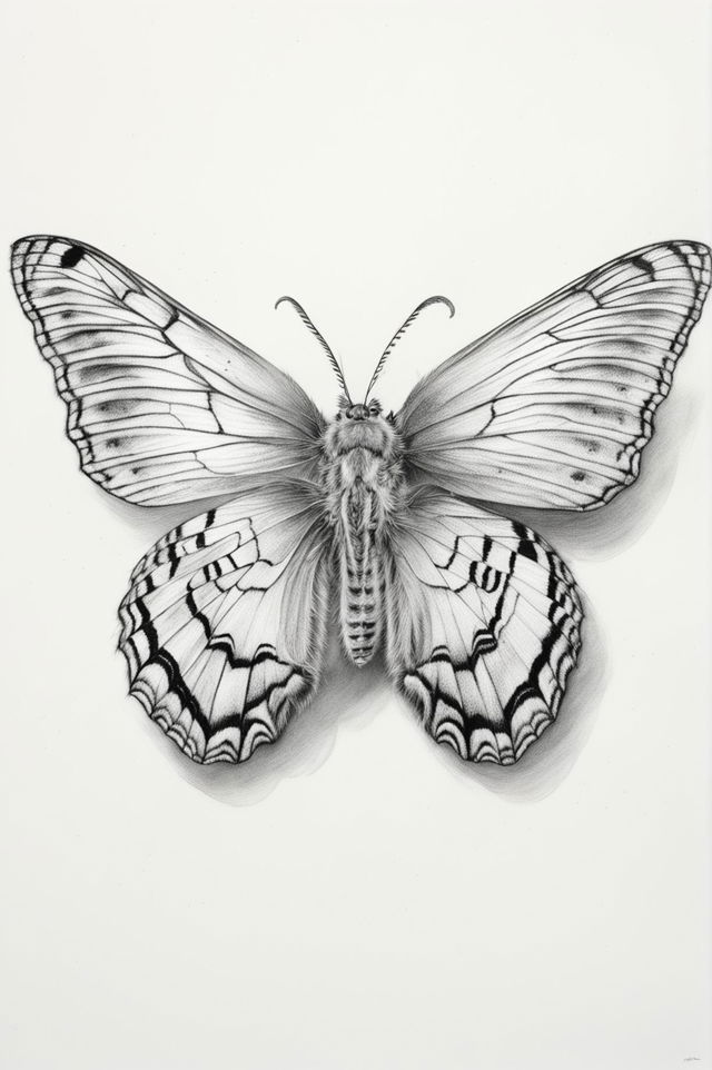 A highly detailed, photorealistic pencil drawing of a moth, with intricate patterns on its wings and a stout, fuzzy body