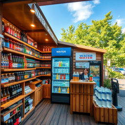 A cozy, small water station store nestled in a serene environment, featuring an array of colorful bottled water brands displayed on wooden shelves