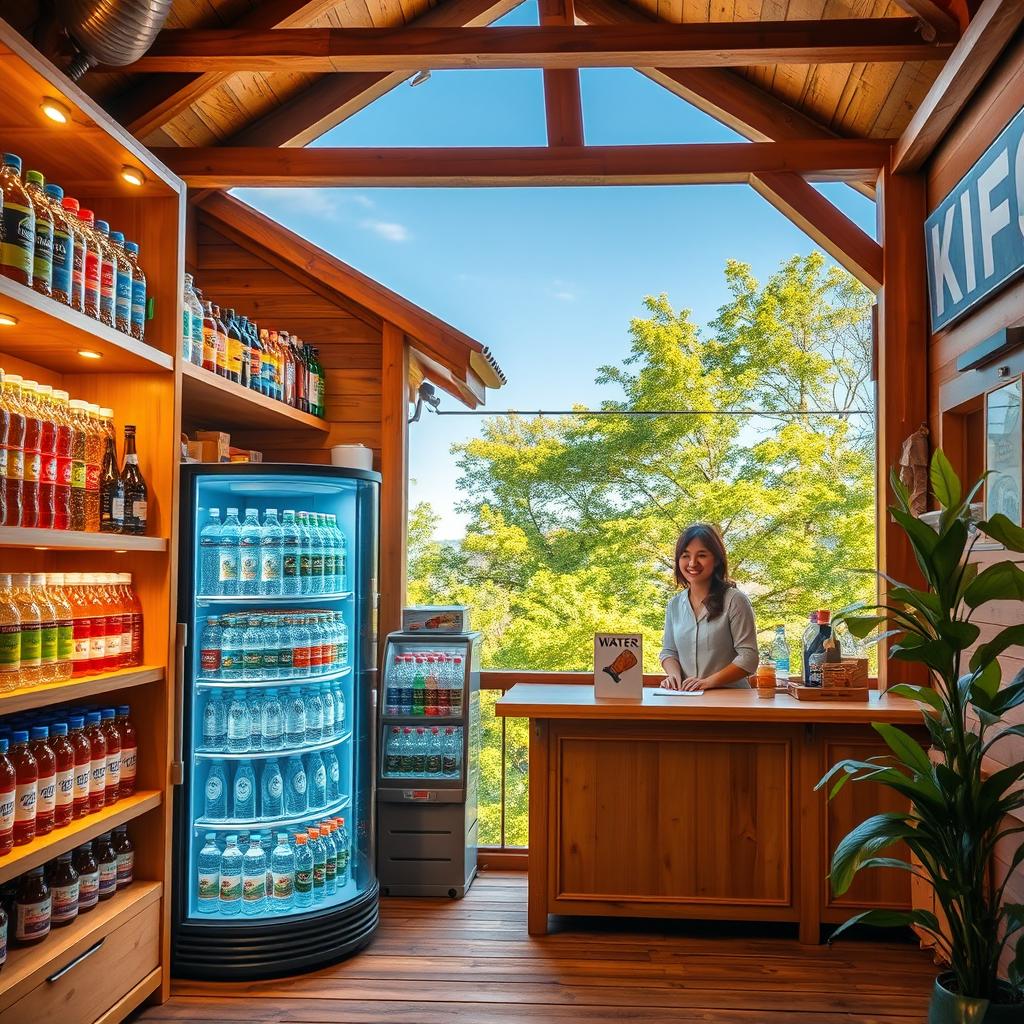 A cozy, small water station store nestled in a serene environment, featuring an array of colorful bottled water brands displayed on wooden shelves