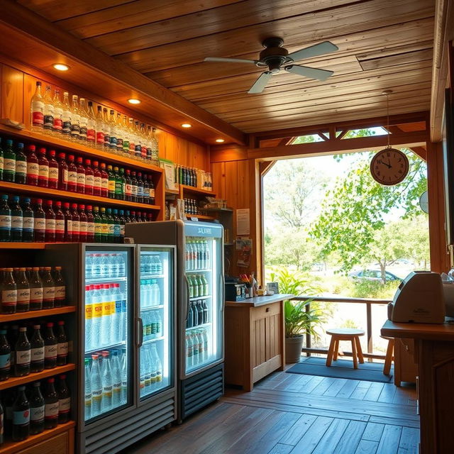 A cozy, small water station store nestled in a serene environment, featuring an array of colorful bottled water brands displayed on wooden shelves