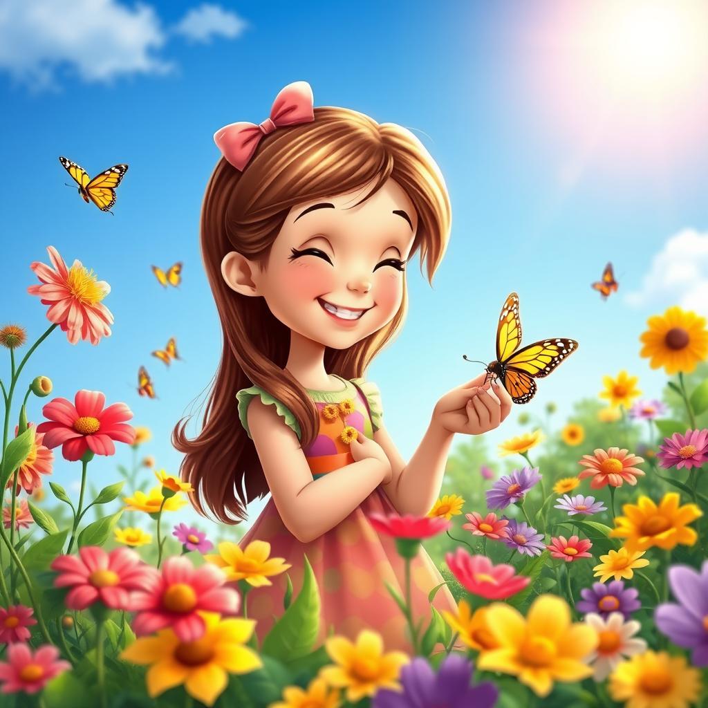 A whimsical scene featuring a young girl in a vibrant garden filled with blooming flowers and butterflies