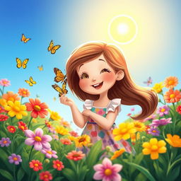 A whimsical scene featuring a young girl in a vibrant garden filled with blooming flowers and butterflies