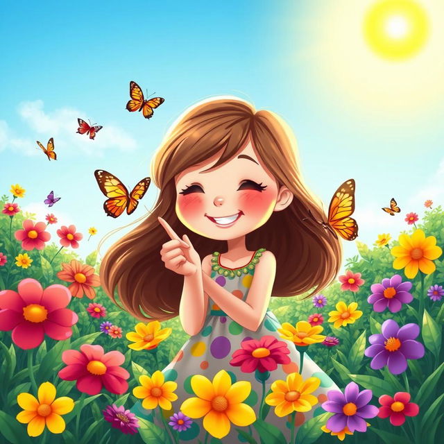 A whimsical scene featuring a young girl in a vibrant garden filled with blooming flowers and butterflies