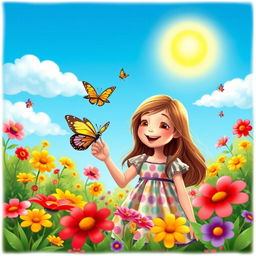 A whimsical scene featuring a young girl in a vibrant garden filled with blooming flowers and butterflies
