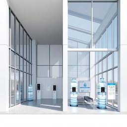 An architectural draft of a modern water refilling station designed for large gallon bottles