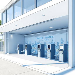 An architectural draft of a modern water refilling station designed for large gallon bottles