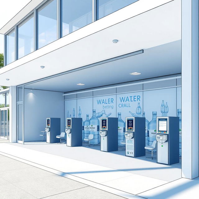 An architectural draft of a modern water refilling station designed for large gallon bottles