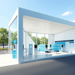 An architectural draft of a modern water refilling station designed for large gallon bottles