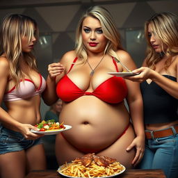 A stunning, hot, fat curvy 18-year-old girl with a sexy, sweet thin face and beautiful blonde hair is portrayed in a tiny red bikini