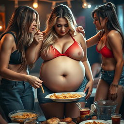 A stunning, hot, fat curvy 18-year-old girl with a sexy, sweet thin face and beautiful blonde hair is portrayed in a tiny red bikini