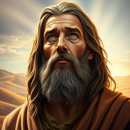A detailed and striking portrait of Apostle Peter, depicted as a middle-aged man with a strong, weathered face, full beard, and long hair cascading down his shoulders