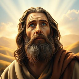A detailed and striking portrait of Apostle Peter, depicted as a middle-aged man with a strong, weathered face, full beard, and long hair cascading down his shoulders