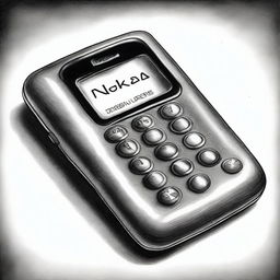 An intricately detailed, black and white pencil drawing of a vintage Nokia phone